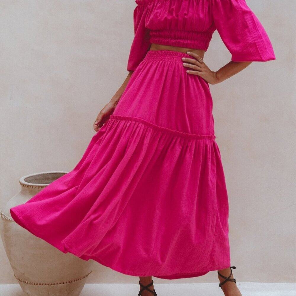 ELF Annabelle Linen Maxi Skirt Magenta Pink Elastic Waist M - Picture 1 of 10